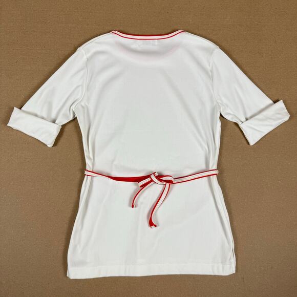 Vintage 70s Japan Import White Red Trim Belted Polyester Top Blouse Mod Disco M - Picture 2 of 7
